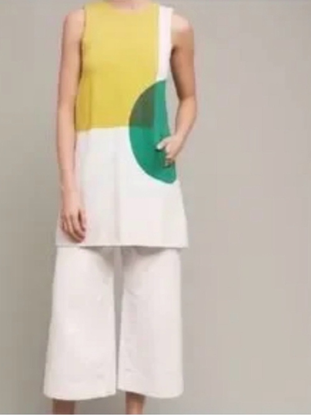 Moth Yellow, White & Green Colorblock 60s Mod Sleeveless Shift Dress